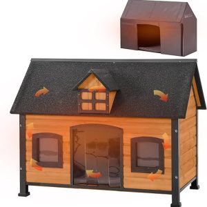 Aivituvin Dog House with Insulated Liner Anti-Chewing Metal Frame Design Insulated Wooden Dog Kennel with Unique Design Roof, Weatherproof Dog...
