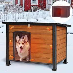 GUTINNEEN Large Insulated Dog House for Winter Outdoor Dog Kennel with Anti-Chewing Metal Frame for Small to Medium Dogs,Brown